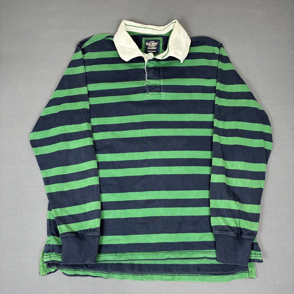 Y2K Old Navy Striped Green & Navy Blue Rugby Polo Men's Size XL